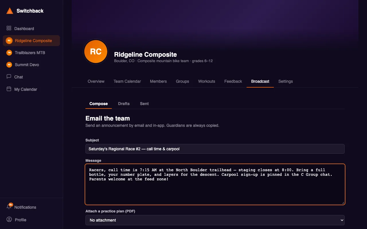 The broadcast composer — a race-day announcement going out to the team by email and in-app, with guardians copied.