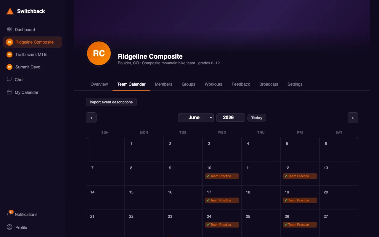 The team calendar — recurring practices laid out across the month, ready to subscribe to.