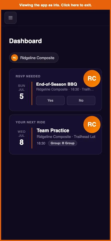 Browse as rider — a parent viewing the app as their rider, marked by the orange frame and exit banner.