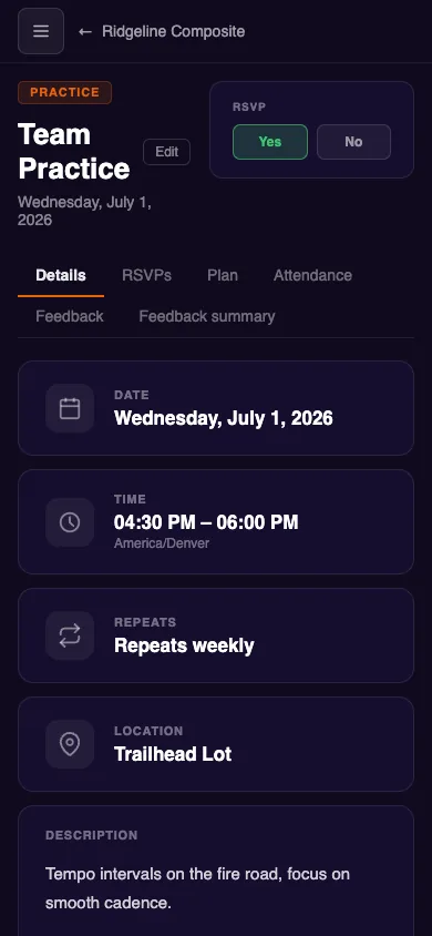 A rider's phone view of a practice — one-tap Yes/No RSVP above the event details.